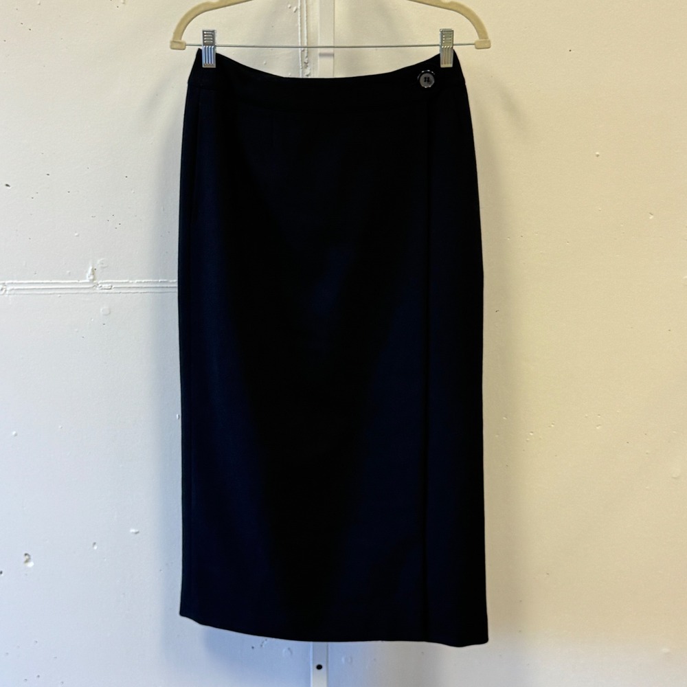 Vintage Anne Klein 100% Pure Wool Wrap Pencil Skirt Midi Made in USA Size 10 Blk